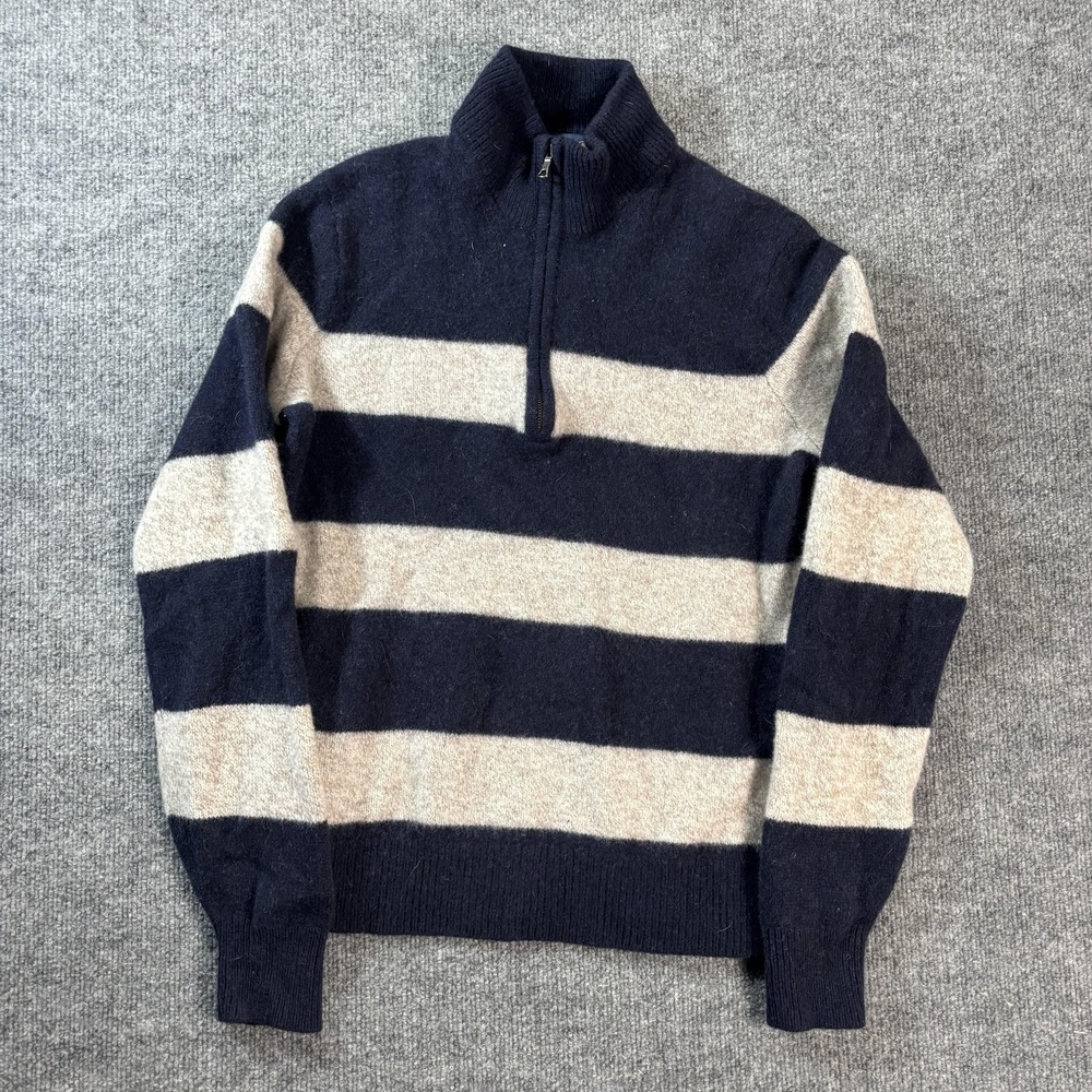 Brooks Brothers Sweater Mens Large Blue Beige Stripe Knit 1/4 Zip Mock Neck